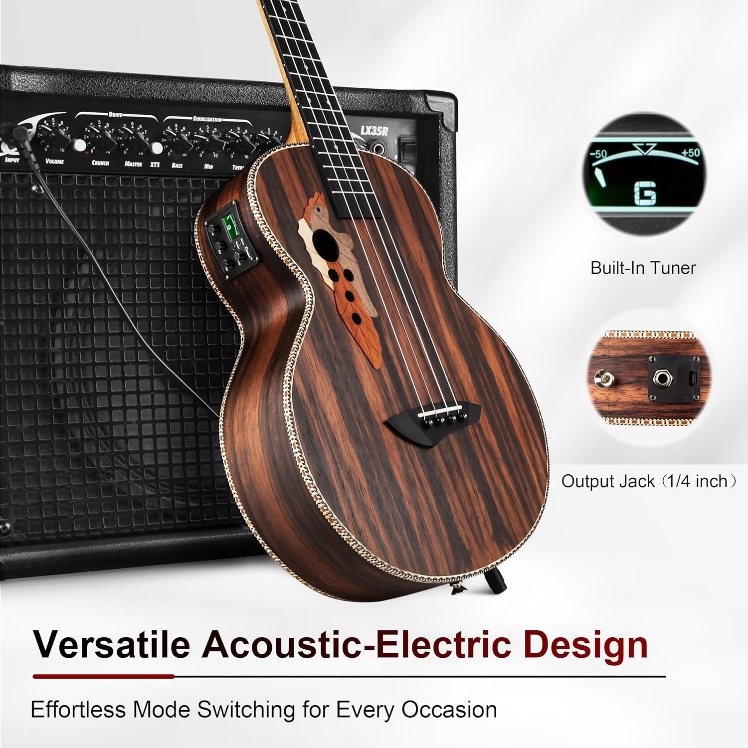 26 inch Caramel CT904 Ebony Tenor LCD color display Electric Professional Player Beginners Ukulele Uke Kit Bundle Padded Gig bag Strings,Strap