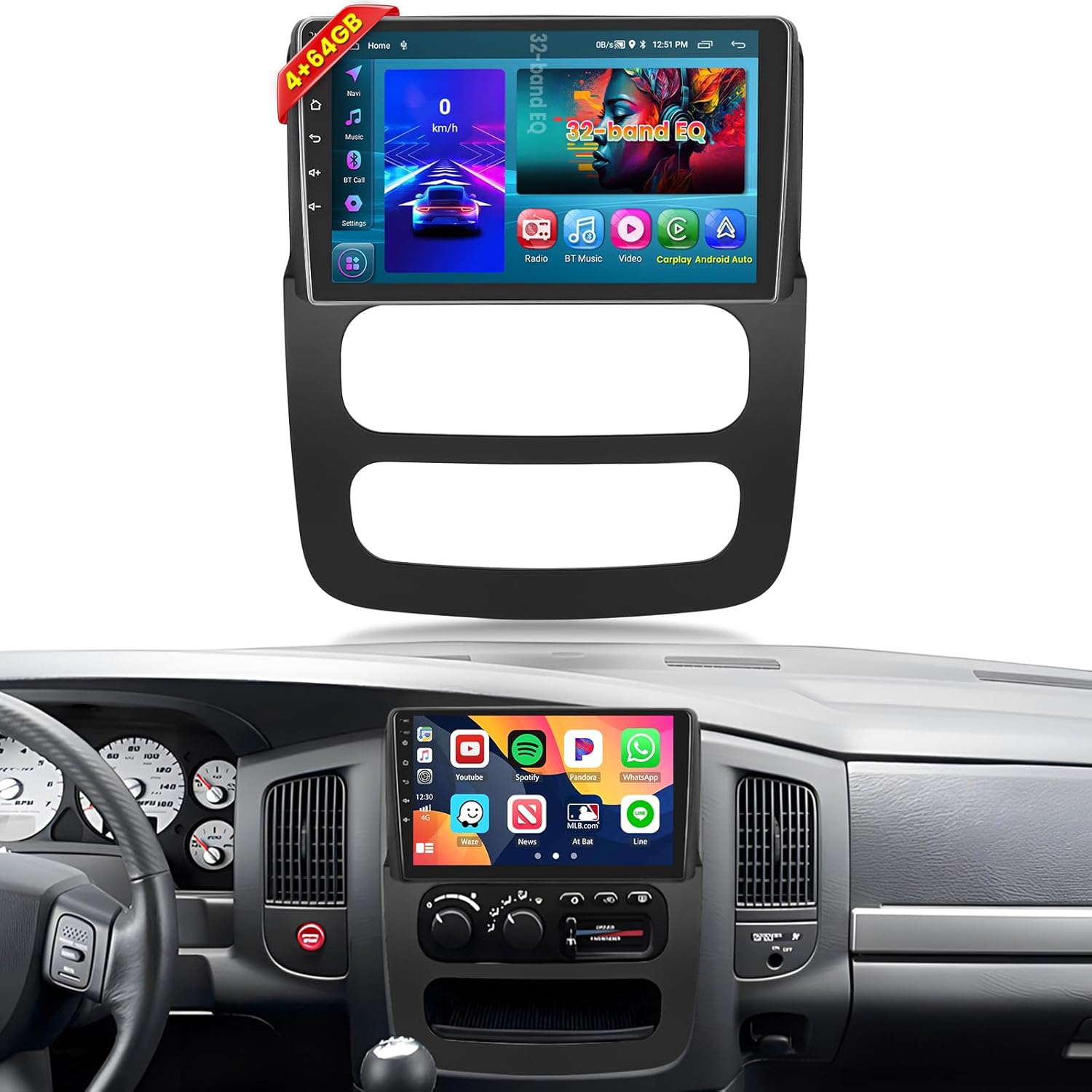 [4+64GB] Android 15 Car Radio for Dodge RAM 1500/2500/3500 2002-2005 with Wireless Carplay Android Auto, 9 Inch HD Touchscreen Car Stereo with WiFi GPS Bluetooth5.0 FM/RDS 32EQ SWC
