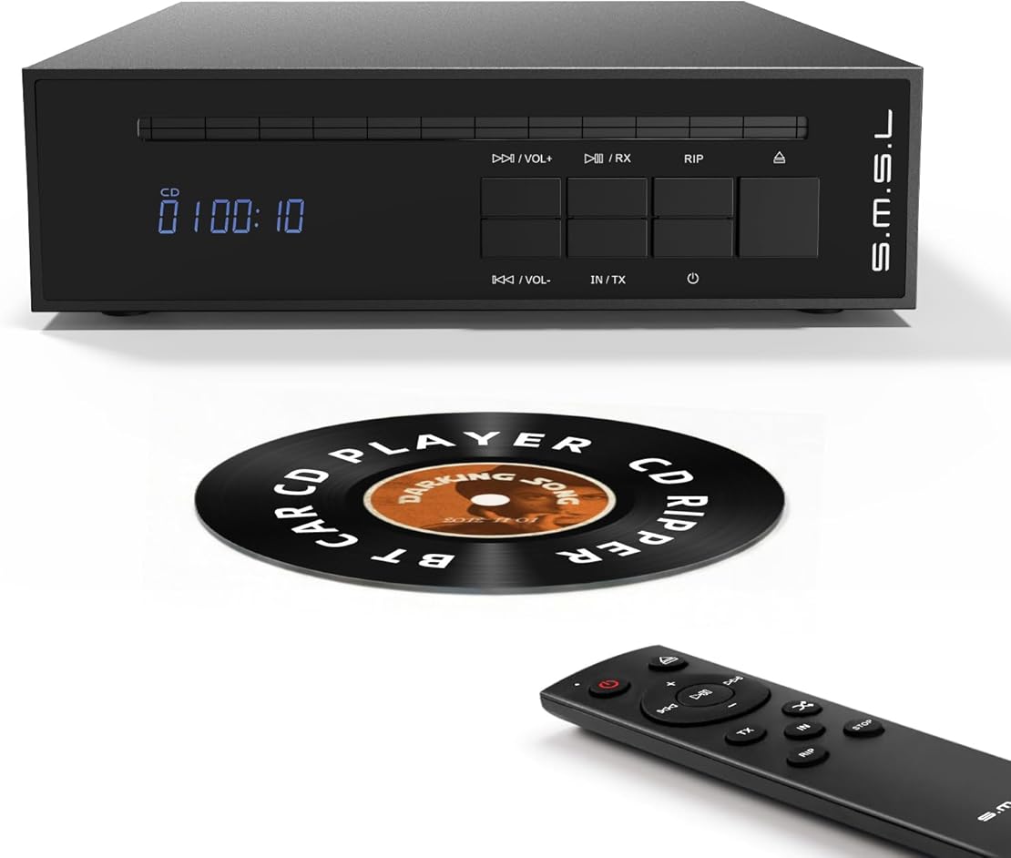 SMSL PL20 HiFi CD Player for Home, CD Ripper, Bluetooth Car CD Players, 2*CS43131 Chip, USB Drive/Bluetooth Input RCA/BT/3.5mm/4.4mm Balanced/Optical/Coaxial Digital Output, Black