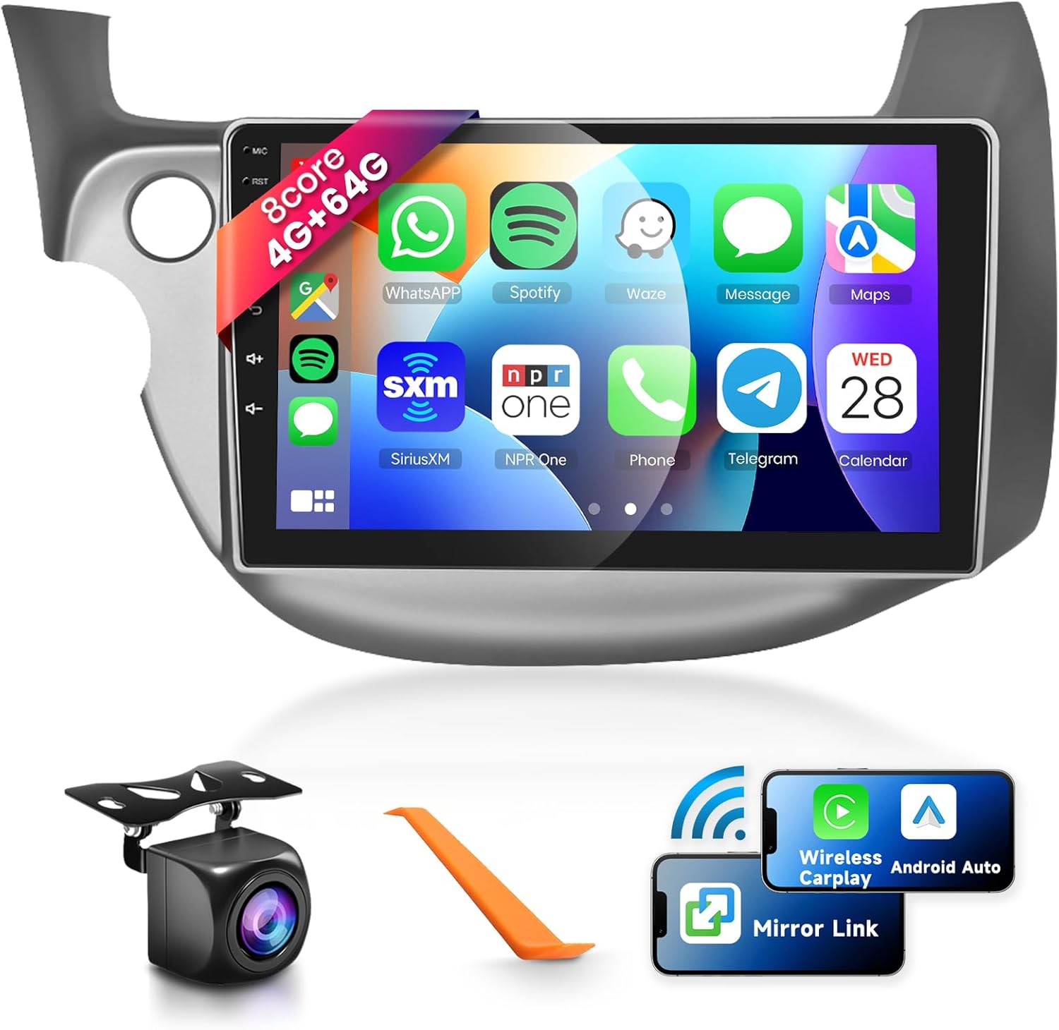 8 CORE 4G+64G Car Radio Stereo for Honda Fit 2008-2013 Wireless CarPlay Android Auto, Podofo 10.1 Inch 1280 * 720P IPS Touch Screen Android 13 GPS WiFi Bluetooth DSP SWC HD Backup Camera