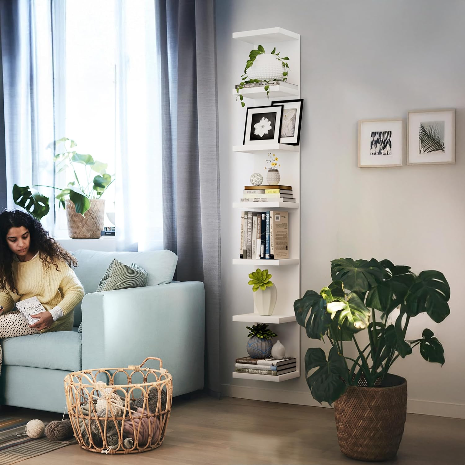 7 Tier Wall Shelf Unit, Floating Shelves for Storage Home Display, Versatile Lack Wall Shelves for Bedroom,Living Room,Office Decor, Tall Long Shelf for Book,Shoe,Vanity, Purse and TV White