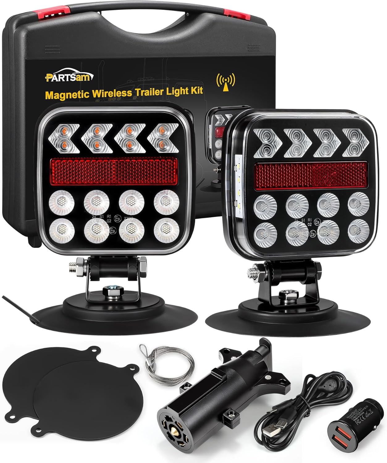 Partsam Wireless Trailer Lights Kit - Magnetic Tow Light with Strobe Lights Reverse Stop Turn Tail Lights with License Plate Light for Trailers, Trucks, Boat, RV 12-24V