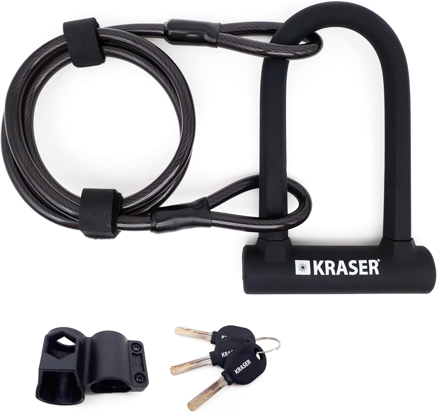 KRASER KR65145B Bicycle U Lock, High Strength, Compact + 120cm/47.2in Cable, Safer and More Practical, ø16 Fork Double Lock Steel, Easy Transport Mount, Universal Anti Theft for Bike E Scooter Ebike