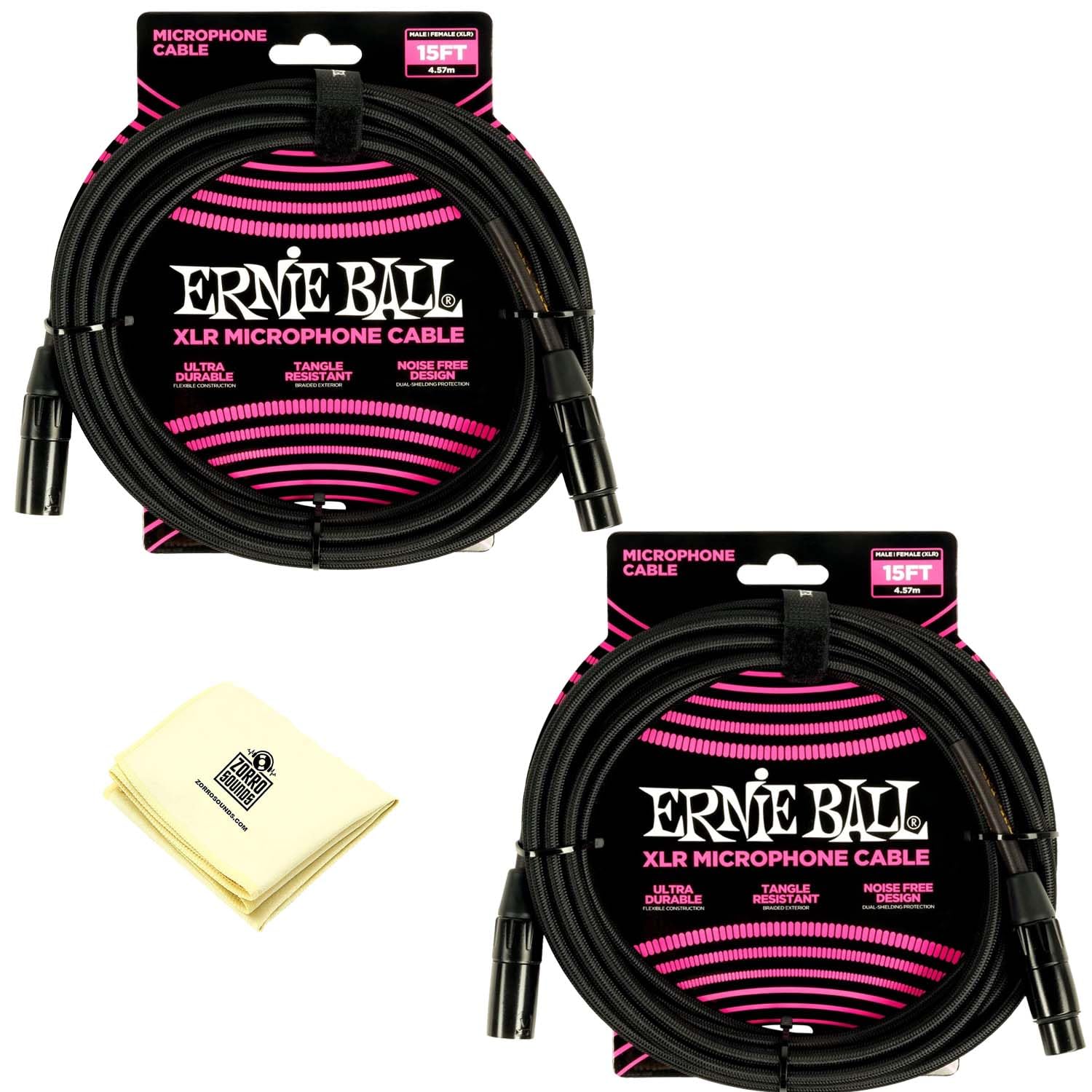 Ernie Ball Braided XLR Microphone Cable with Zorro Polishing Cleaning Cloth in Black - Pack of 2 (Black, 15 Feet) P06391