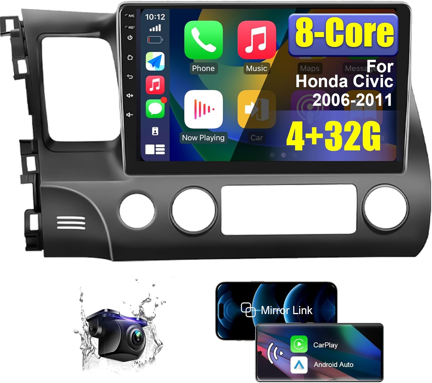 8 Core 4+32G Android Car Radio Stereo for Honda Civic 2006-2011 with Wireless CarPlay/Android Auto, 10.1'' HD Touchscreen Car Radio with AM/FM/RDS Backup Camera Bluetooth WiFi GPS SWC