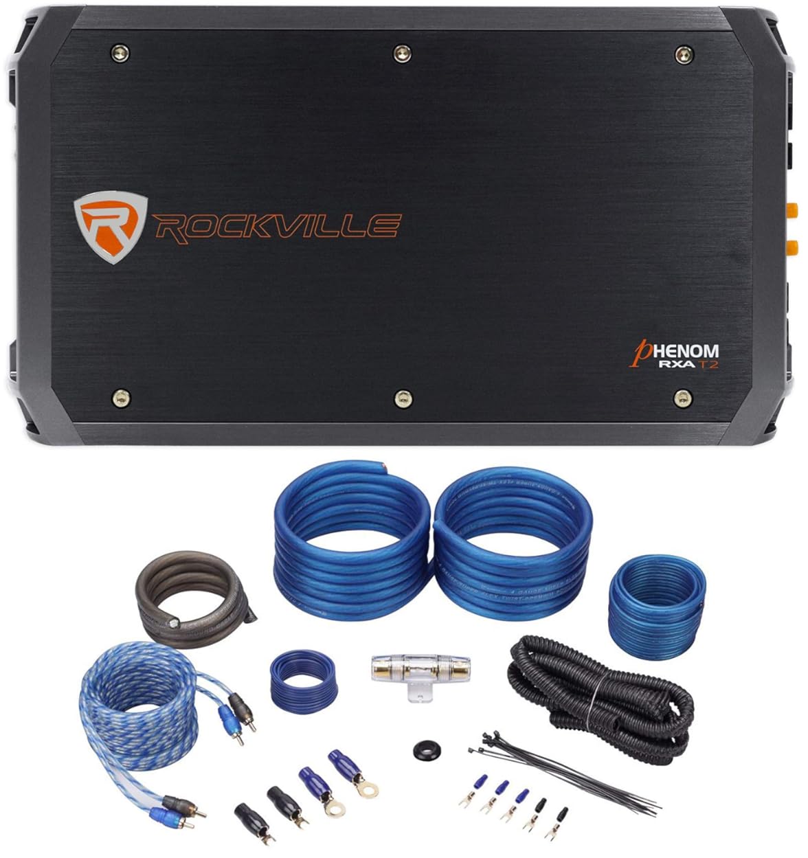 Rockville RXA-T2 Bundle: 2400 Watt Peak/1200 Watt RMS 2-Channel Car Stereo Amplifier, RWK41 4 Gauge Complete Amp Wiring Kit with RCA Cables, for Car Audio Systems and Subwoofers, 2 Items