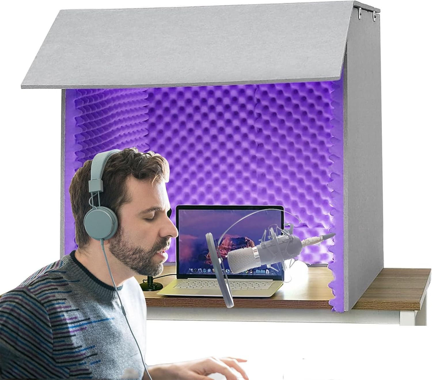 Desktop Sound Isolation Box, Portable Home Recording Studio, Microphone Isolation Box for Music Recording (Purple)