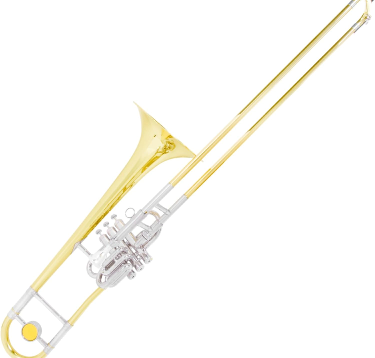 Cecilio Intermediate Bb Valve/Slide Trombone, Brass Trombone Instrument with Mouthpiece, White Gloves, Cleaning Kit, Golden