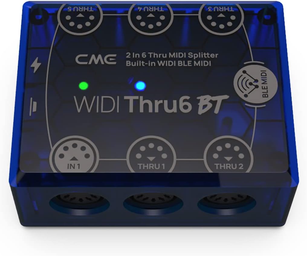 CME WIDI Thru6 BT - 2-in-6-out MIDI Thru/Split with 5-pin DIN and Bluetooth MIDI - future-proof technology, high-speed transfer of all MIDI data, extreme accuracy for all MIDI devices