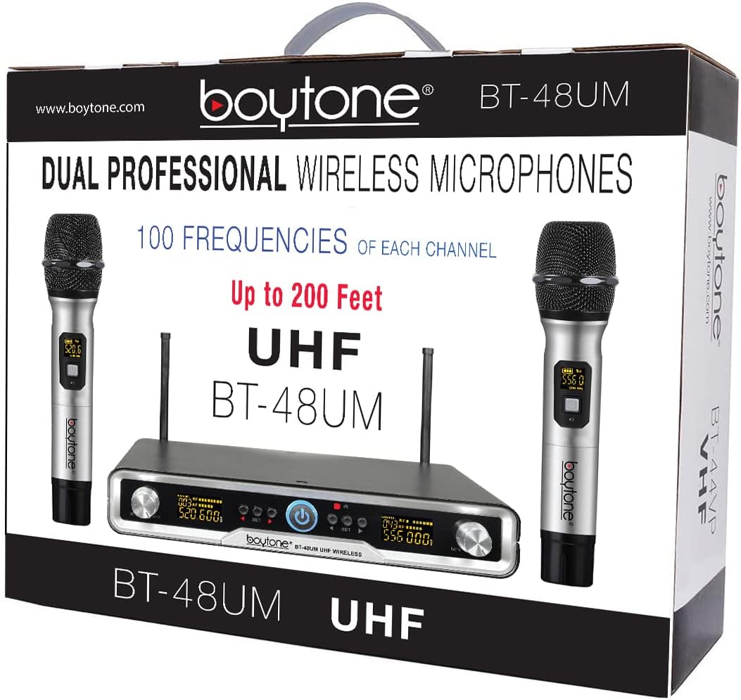 Boytone BT-48UM 100 Channels Wireless Microphone Dual Metal Professional UHF Cordless Dynamic Mic Handheld Microphone System, for DJ, Meeting, Party, Church, Aluminum Carrying Cases, Metal Base