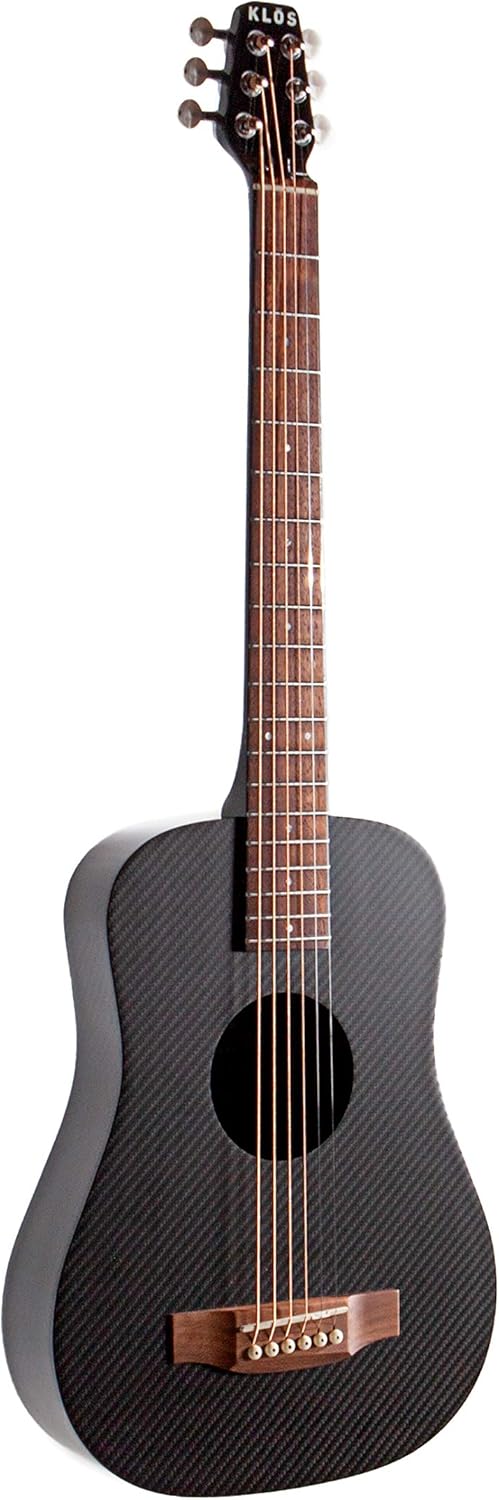 KLOS Travel Guitar, Durable Carbon Fiber Acoustic Electric Guitar - Black with Gig Bag, Capo and more