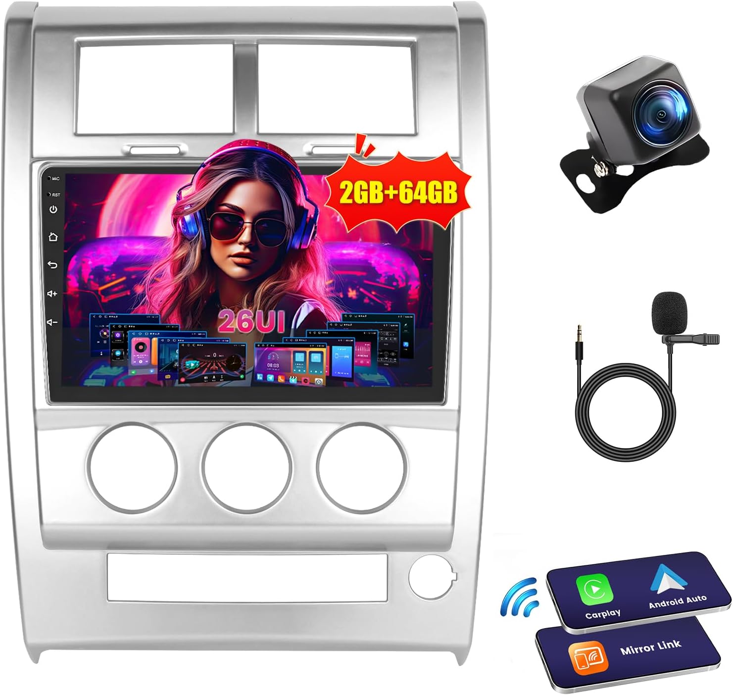 [2G+64G] Car Stereo for Jeep Liberty 2008 2009 2010 2011 2012 with Wireless Carplay/Android Auto, 10 Inch Upgrade Touch Screen for Liberty with GPS WiFi Bluetooth FM/RDS Radio EQ SWC 26UI