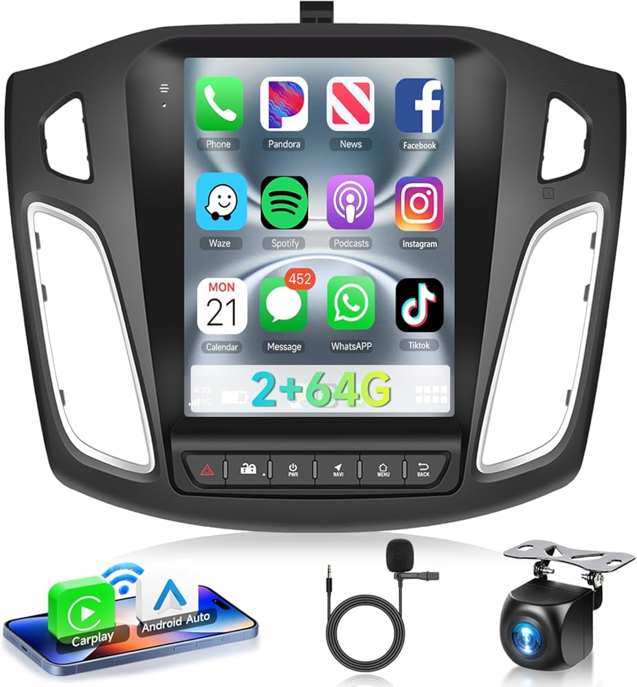 2G+64G Android 13 Car Stereo Radio for Ford Focus 2012-2018 with Wireless CarPlay/Android Auto, 9.7 inch Touch Screen Head Unit, GPS Navigation WiFi Bluetooth SWC HiFi Audio HD Backup Camera
