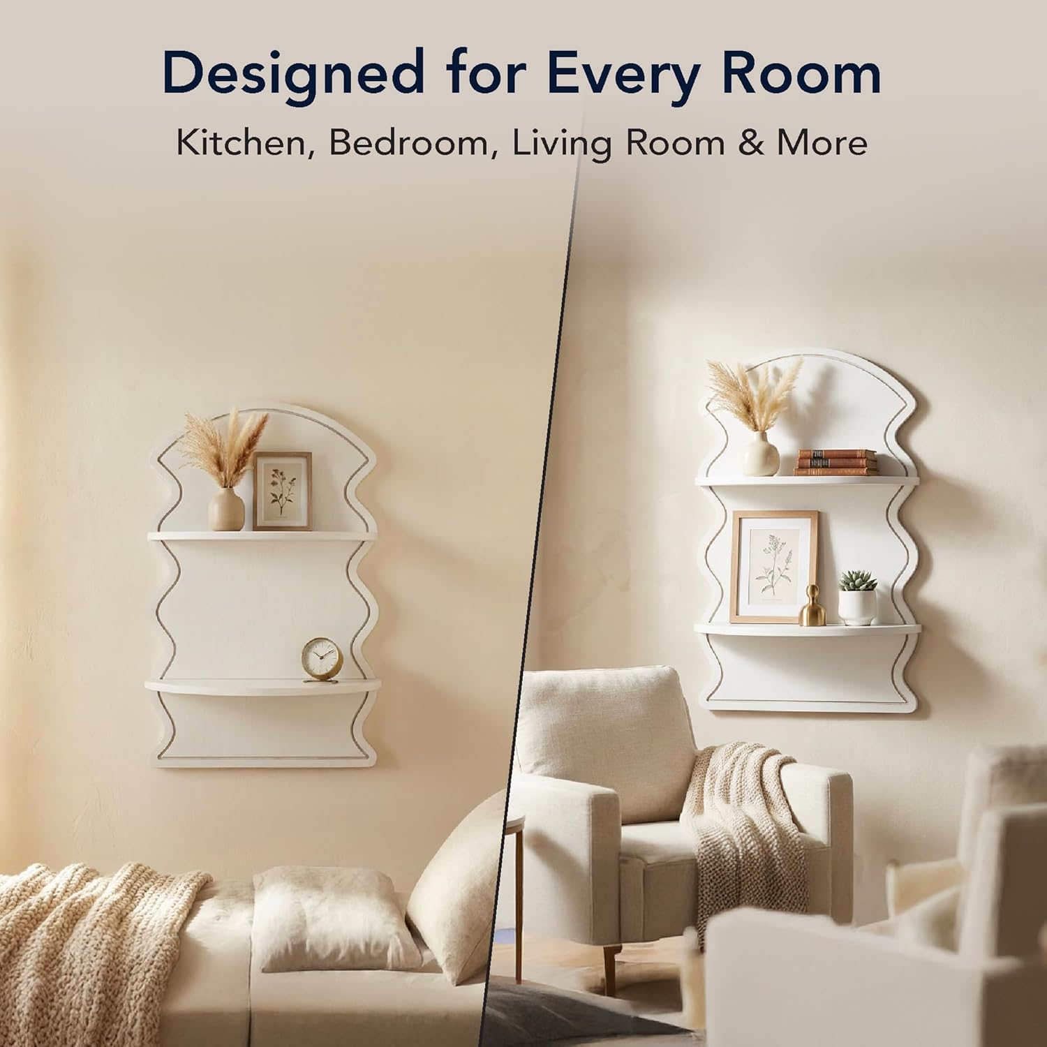 American Art Decor White Wavy Arched Lunar Ledges Wall Shelf, Wooden 2-Tier Floating Bookshelf for Wall, Carved Fluted Arch Display Shelf for Bedroom Bathroom Kitchen Living Room Decor, 14