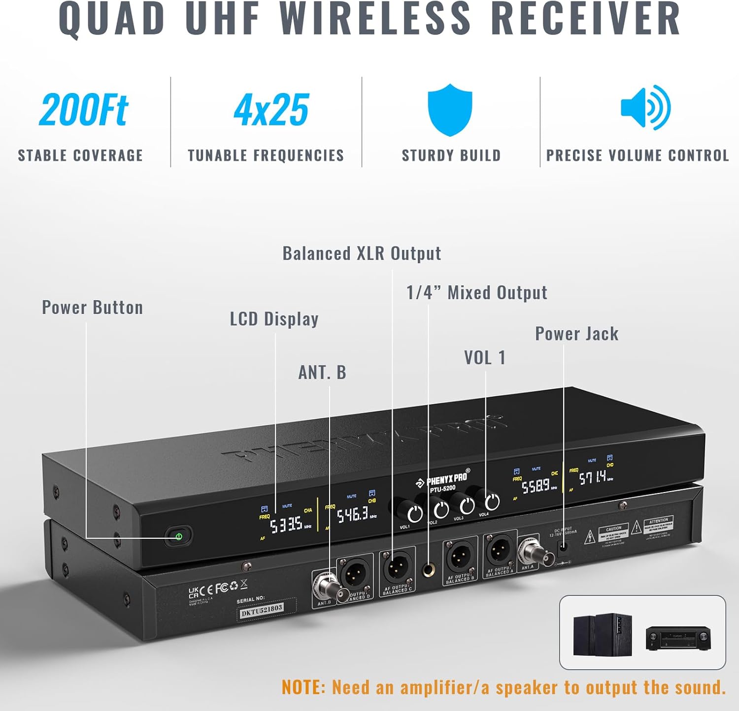 Phenyx Pro Wireless Microphone System, 4-Channel Wireless Mic Set with Handheld/Bodypack/Headset/Lapel Mics, Cordless Microphone for Singing, Karaoke, Church (PTU-5200-2H2B)