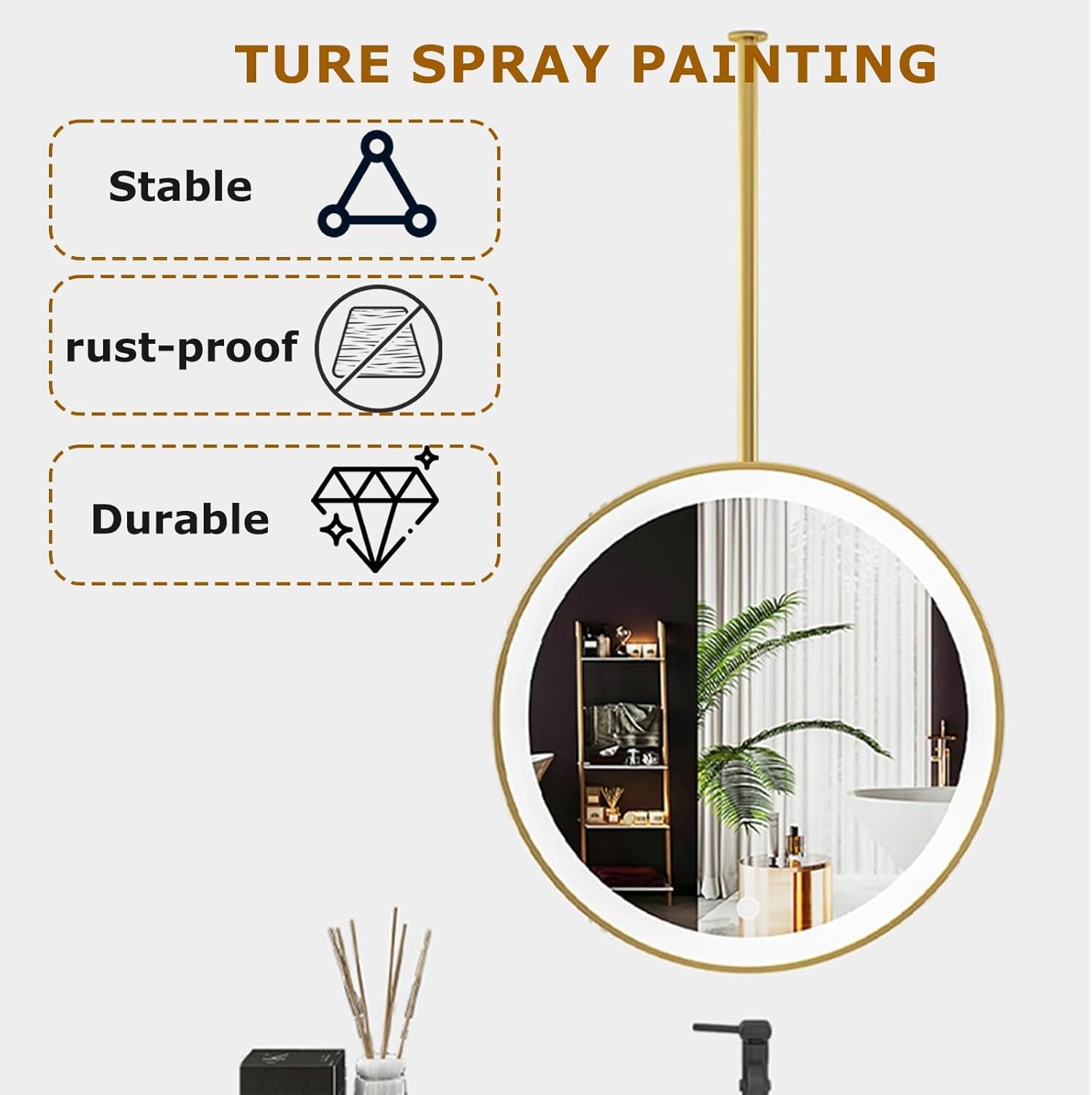 Ceiling Mounted Suspended Mirror For Ceiling Mount Mirrors For Bathrooms Hanging Bathroom Vanities Pivot Corner Mirror Wall Mount Vanity Make-up Decor Circle Metal Pole Gold Black LED Entryway(Gold,40