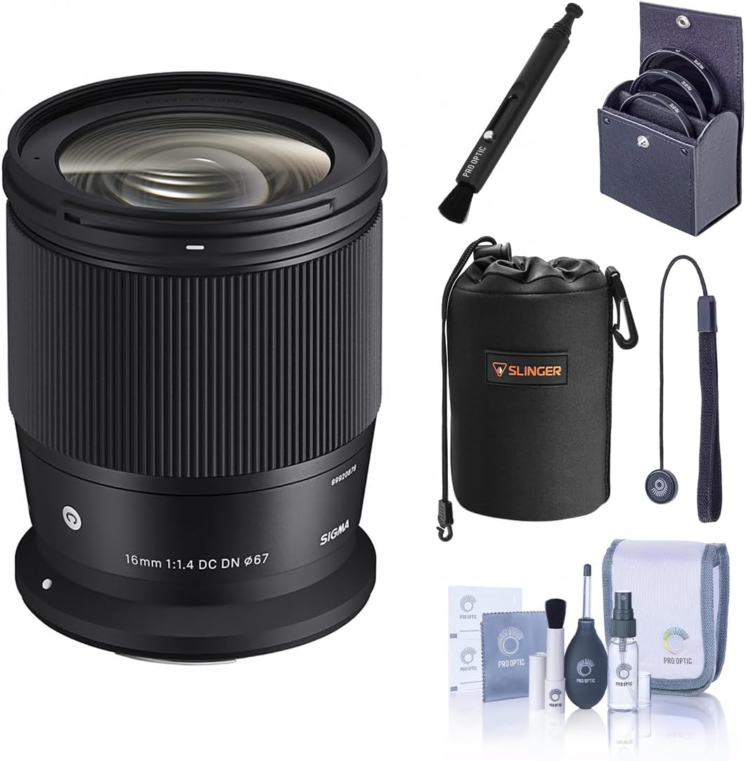 Sigma 16mm f/1.4 DC DN Contemporary Lens for Canon RF, Bundle with 67mm Filter Kit, Neoprene Lens Pouch, Lens Cleaner, Lens Cap Tether and Cleaning Kit