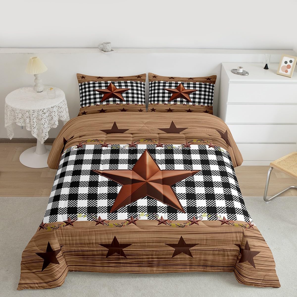Western Texas Star Comforter Set King, Farmhouse Black Plaid Bedding, Brown Vintage Country Star Bedding Comforter Sets, Retro Rustic Checked Grid Bedroom Decor Wooden Grain Quilt For Kids Boys Girls