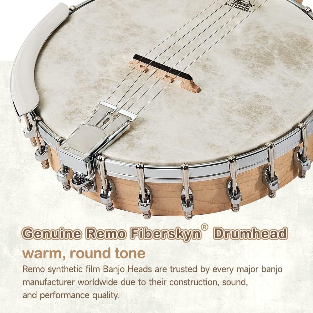 5 String Banjo, Mulucky Full Size with 24 Brackets Banjo, Open Back, Maple Banjos with Remo Head, Geared 5th Tuner, Gift Package with Beginner Kit - MB1101