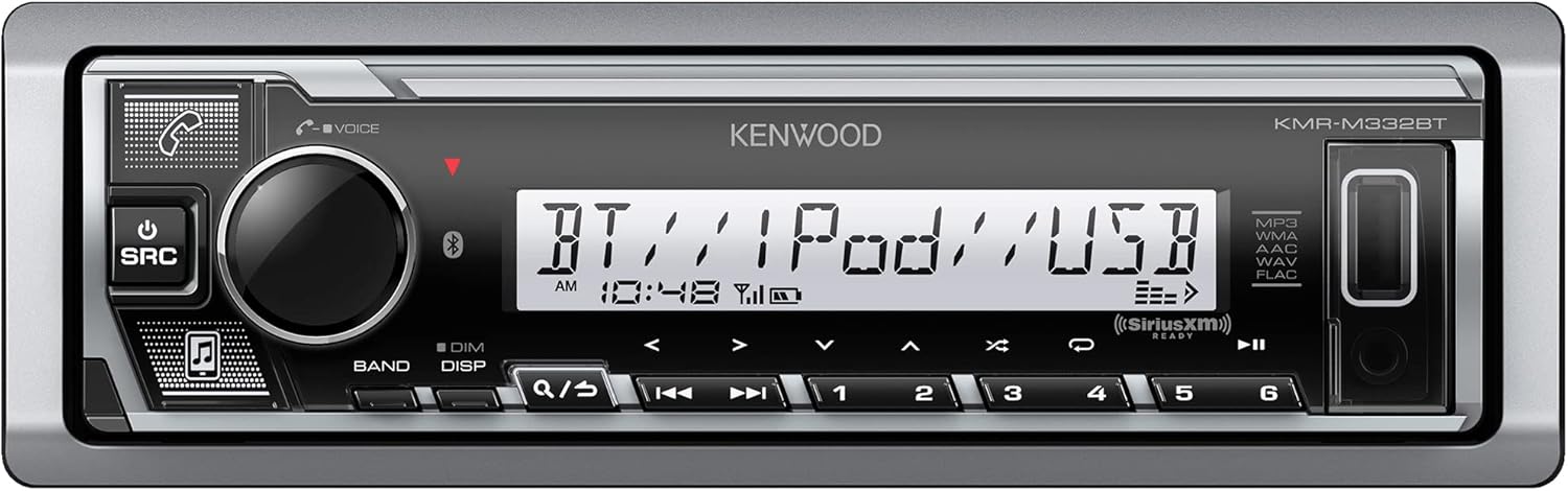 KENWOOD KMR-M332BT Car & Marine Stereo - Single Din, Bluetooth Audio, USB MP3, Aux in, AM FM Radio SiriusXM Ready, Weatherproof, Multi Color Illumination