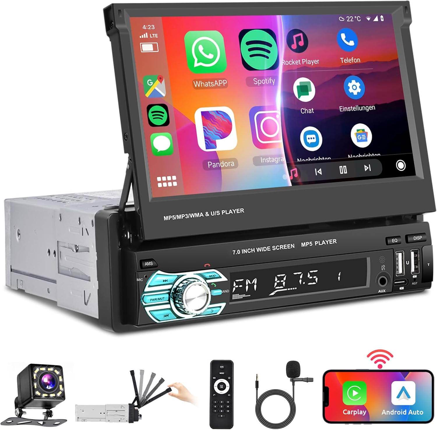 Podofo Wireless Carplay Single Din Car Stereo 7 Inch HD Flip Out Touchscreen Car Radio with Wireless Car Play Android Auto,Bluetooth,Type-C/USB/TF/AUX,SWC,FM,Voice Control,Backup Camera