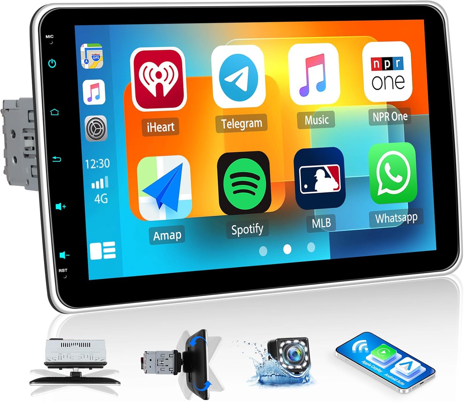 Single Din Car Stereo with Wireless Carplay Android Auto,10.1 Inch Detachable Touch Screen Car Radio with Mirror Link,Bluetooth,FM/RDS Radio EQ,Car Multimedia Player Support AUX/USB SWC+Backup Camera