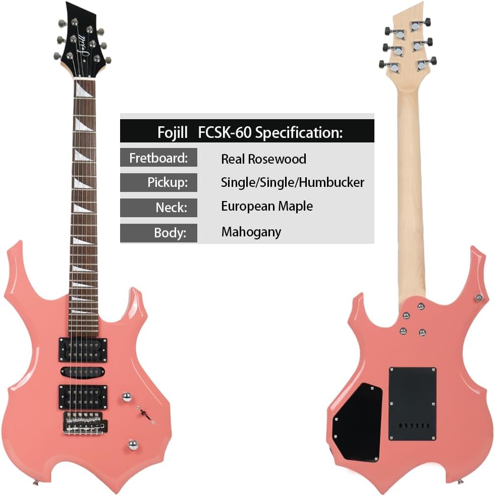 Fojill Heavy Metal Cool Shape Electric Guitar Kit Set Beginner Starter Combo Package Bundle 10W Battery Power Bluetooth Amplifier Amp,Accessory 600D gig Bag,Picks, Cable, Strap, Extra Strings