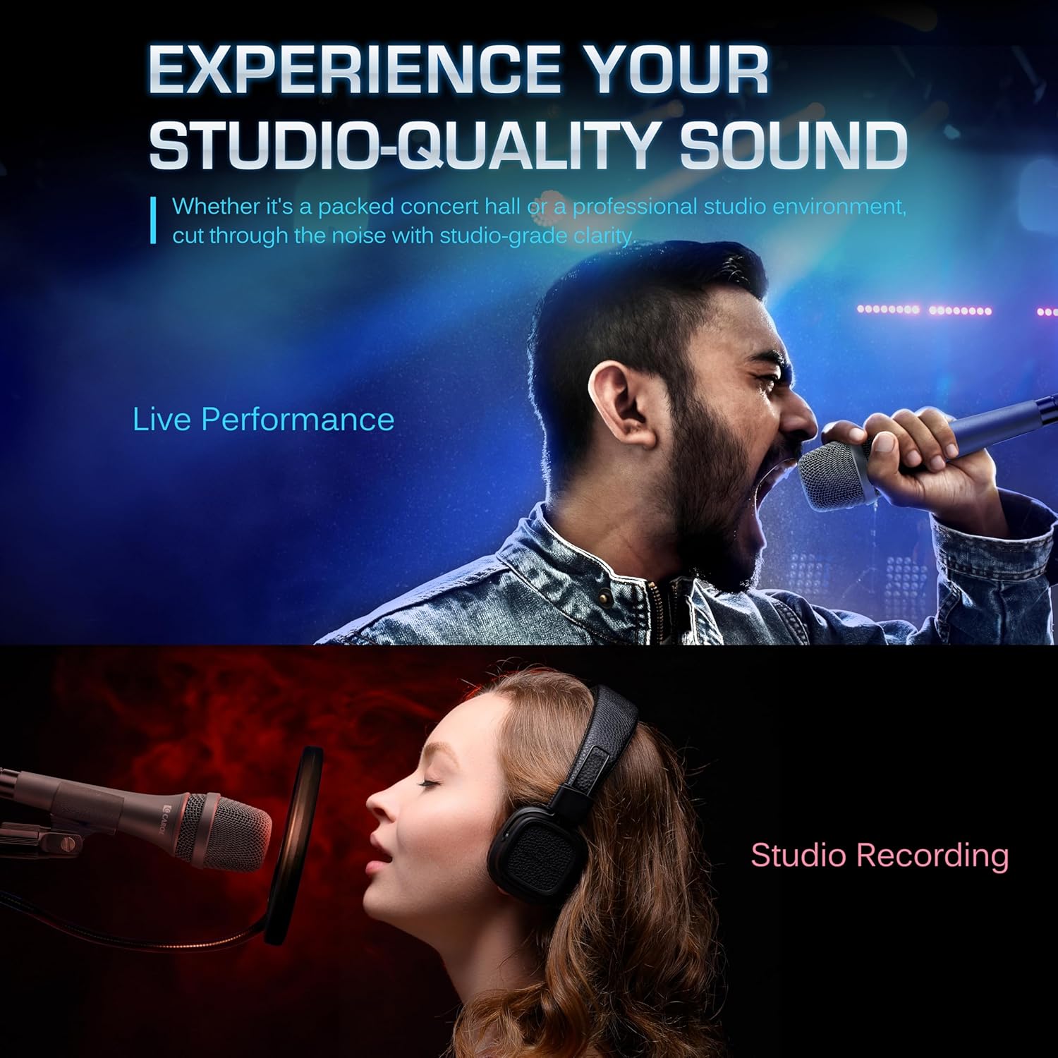 CAROL AC-900 XLR Wired Vocal Microphone – Dynamic Supercardioid Mic with Dual-Engine AHNC Noise Cancelling Tech for Singing, Karaoke, Stage & Studio, Includes Mic Clip & 14.8ft XLR Cable - Gray