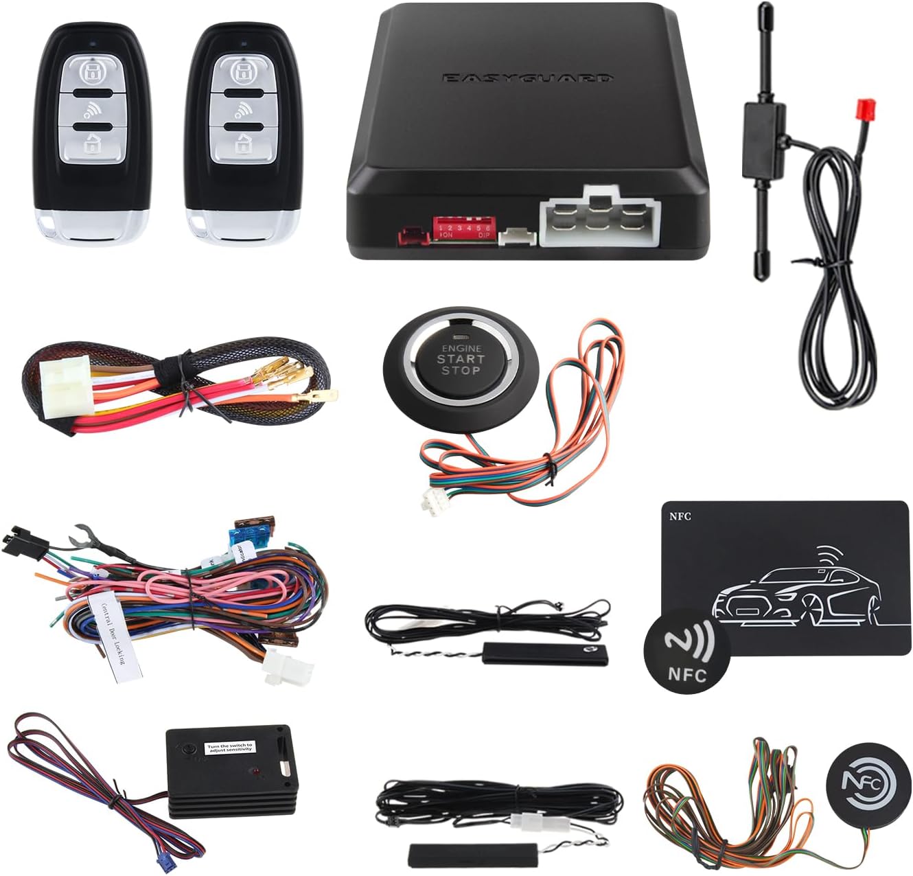 EASYGUARD EC002-NFC-NS PKE Passive Keyless Entry Car Alarm System Remote Start Starter Push Start Stop Button NFC Lock Unlock DC12V (with Shock Sensor)
