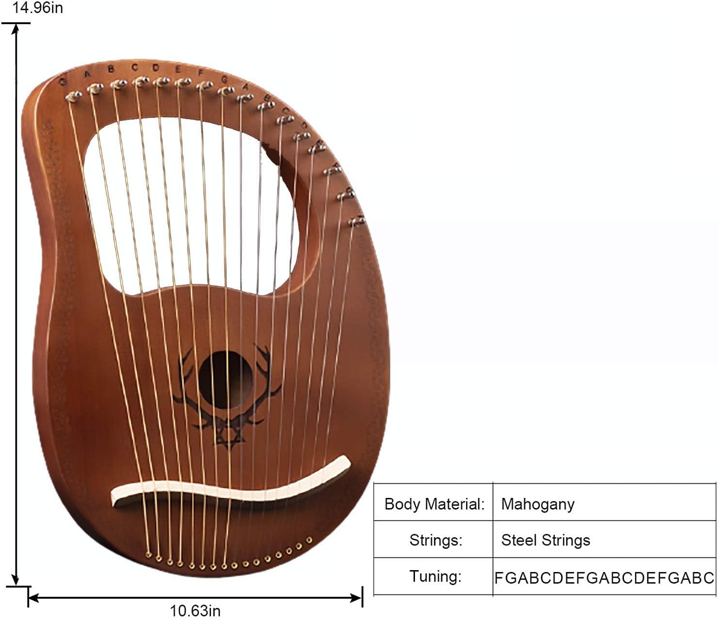 Lyre Harp 19 String Solid Wood String Instrument Heptachord Mahogany with Tuning Wrench, Picks and Bag, Best Gift for Beginners Music Lovers (Color : G)