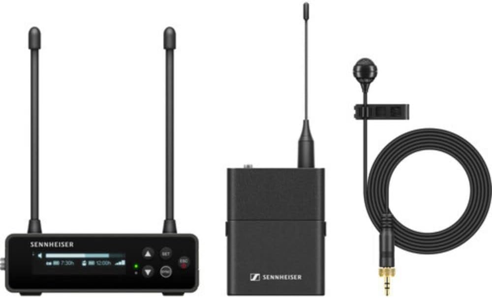 Sennheiser EW-DP ME 4 Set Camera-Mount Digital Wireless Cardioid Lavalier Mic System (R1-6: 520 to 576 MHz) Bundle with Auray WLW Fuzzy Windbuster and Watson Rapid Charger with 4 AA Batteries