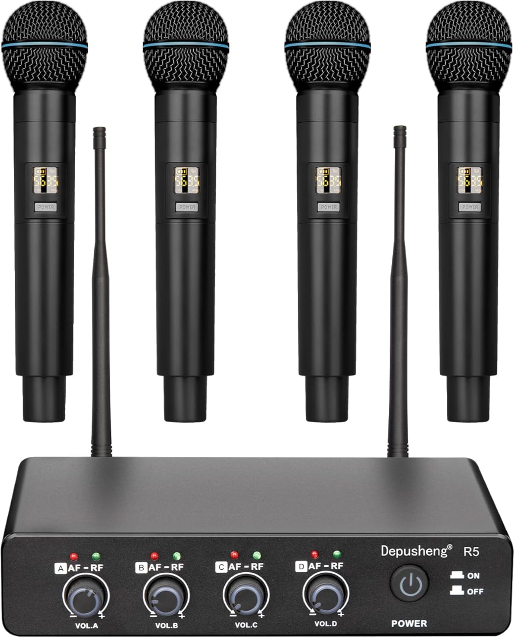 Depusheng R5 Wireless Microphone, Professional UHF Cordless Four Dynamic Mic Handheld Microphone System 1/4‘’Output for Home Karaoke, Meeting, Party, Church, DJ, Wedding, Home KTV Set
