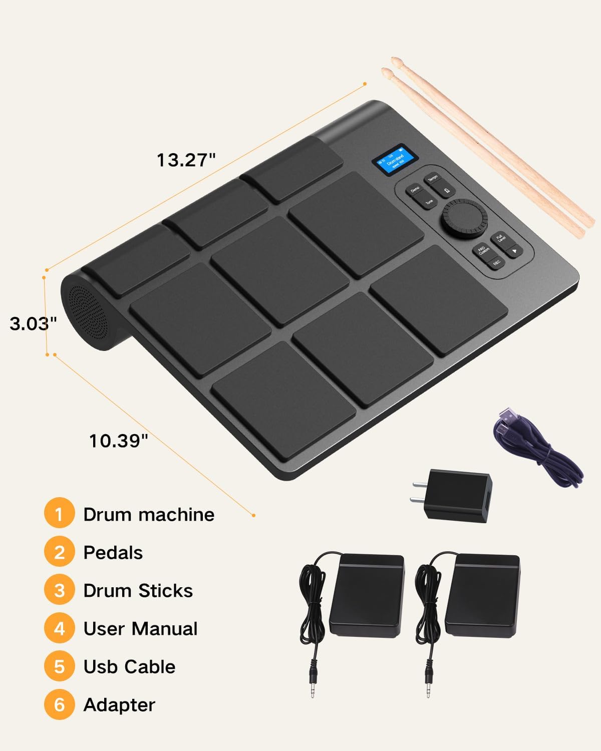 9 Pads Electronic Drum Pad, Electronic Tabletop Drum Set, Portable Digital Drum Kit with Velocity Sensitivity, LED Drum Pad Lights, MIDI Mac & PC Support, Ideal Gift for Beginners