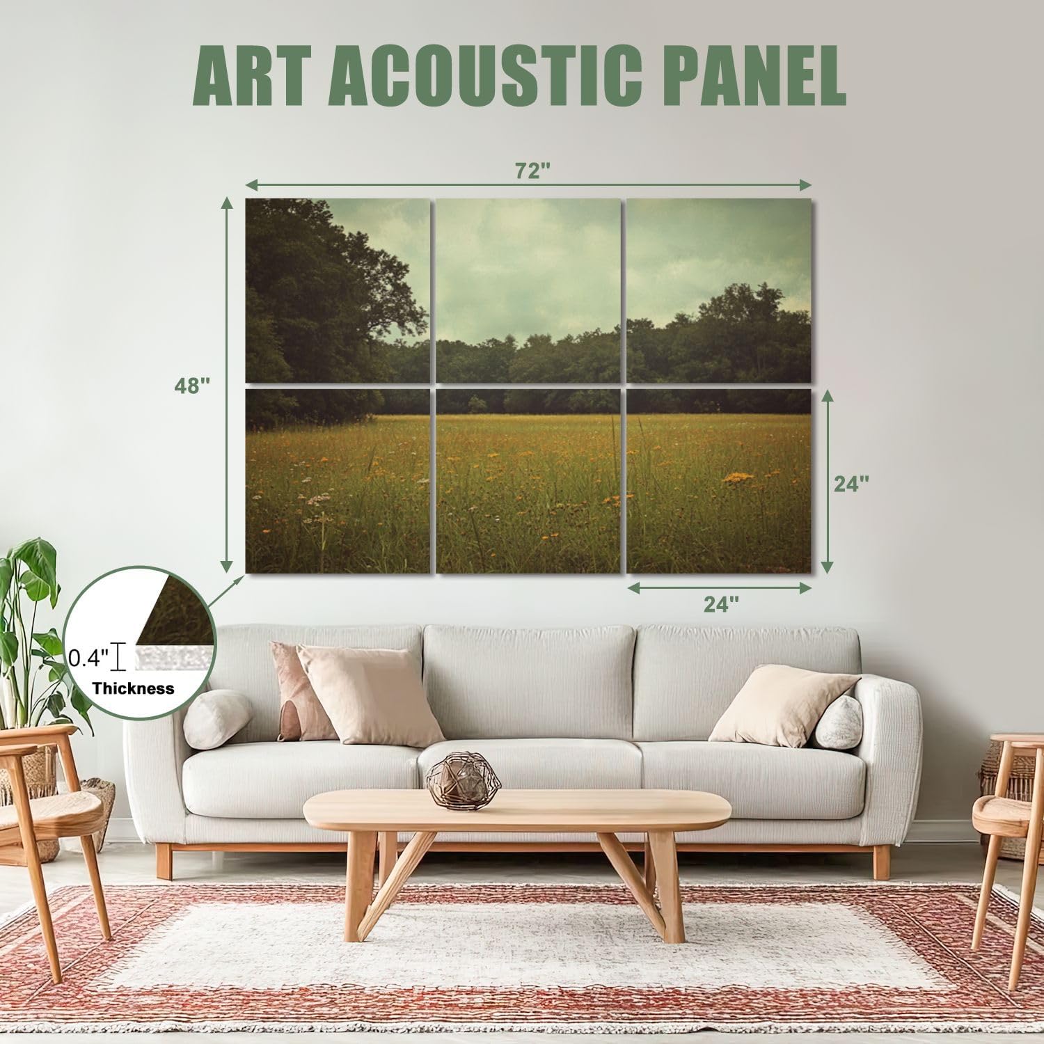 6 Pack Art Acoustic Panels Sound Absorbing Flowers Landscape Field Of Wildflowers Dense Overcast Sky Grass Decorative Soundproof Wall Panels Self Adhesive for Recording Studios Office 72