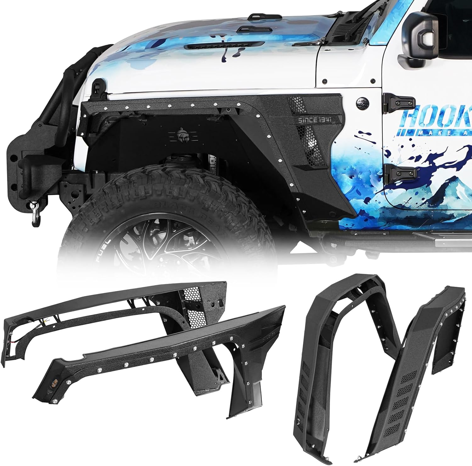 Hooke Road Aggressive Armor Style Fender Flares for 2020-2026 Jeep Gladiator JT, Front and Rear Steel Fenders with Turn Signal Light - 4PCS Set