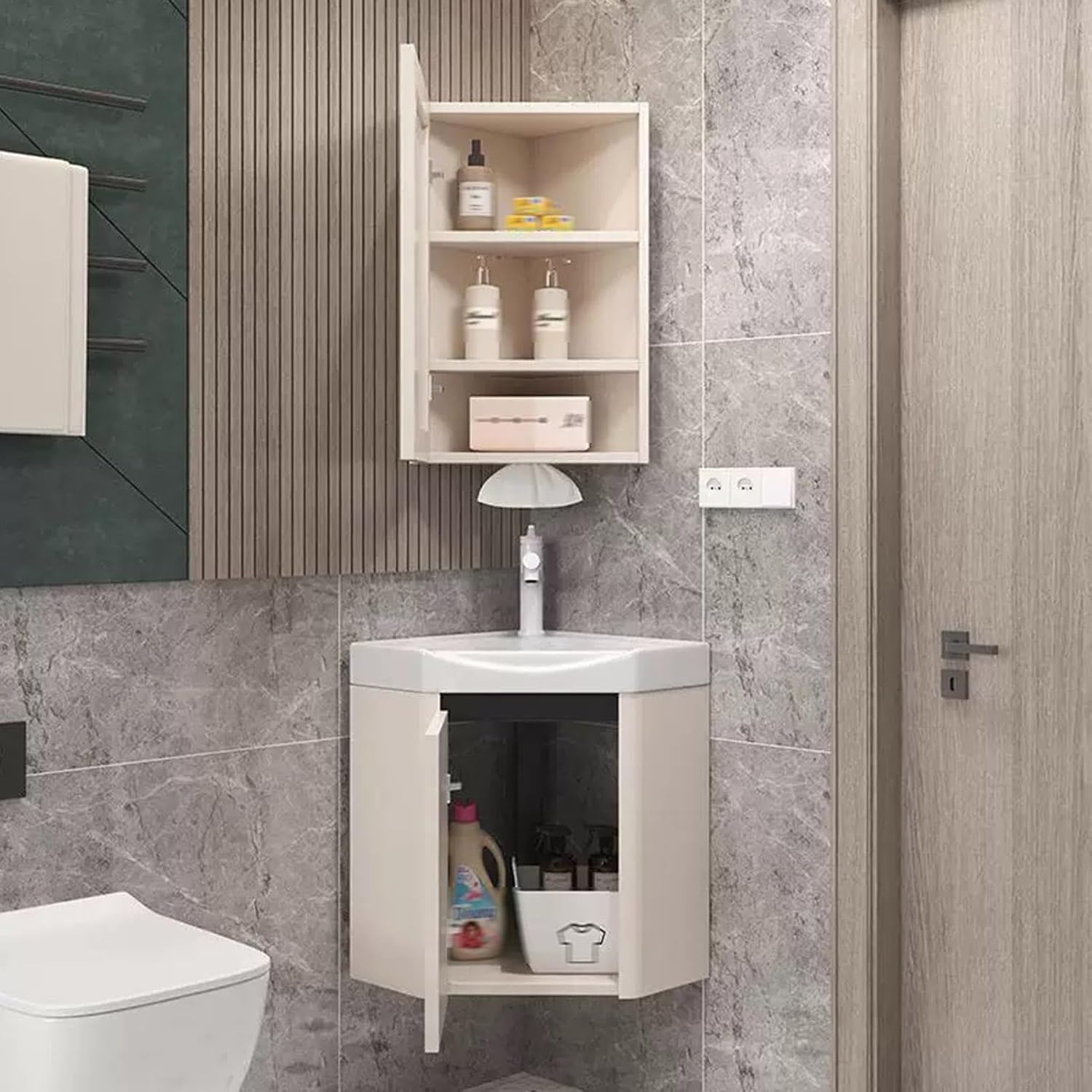 Bathroom Sink, Corner Bathroom Sink, Corner Wall Mount Bathroom Sink, Corner Ceramic Sink, Corner Bathroom Beige Vanity, Corner Balcony Sink with Storage Container(56cm/22in)