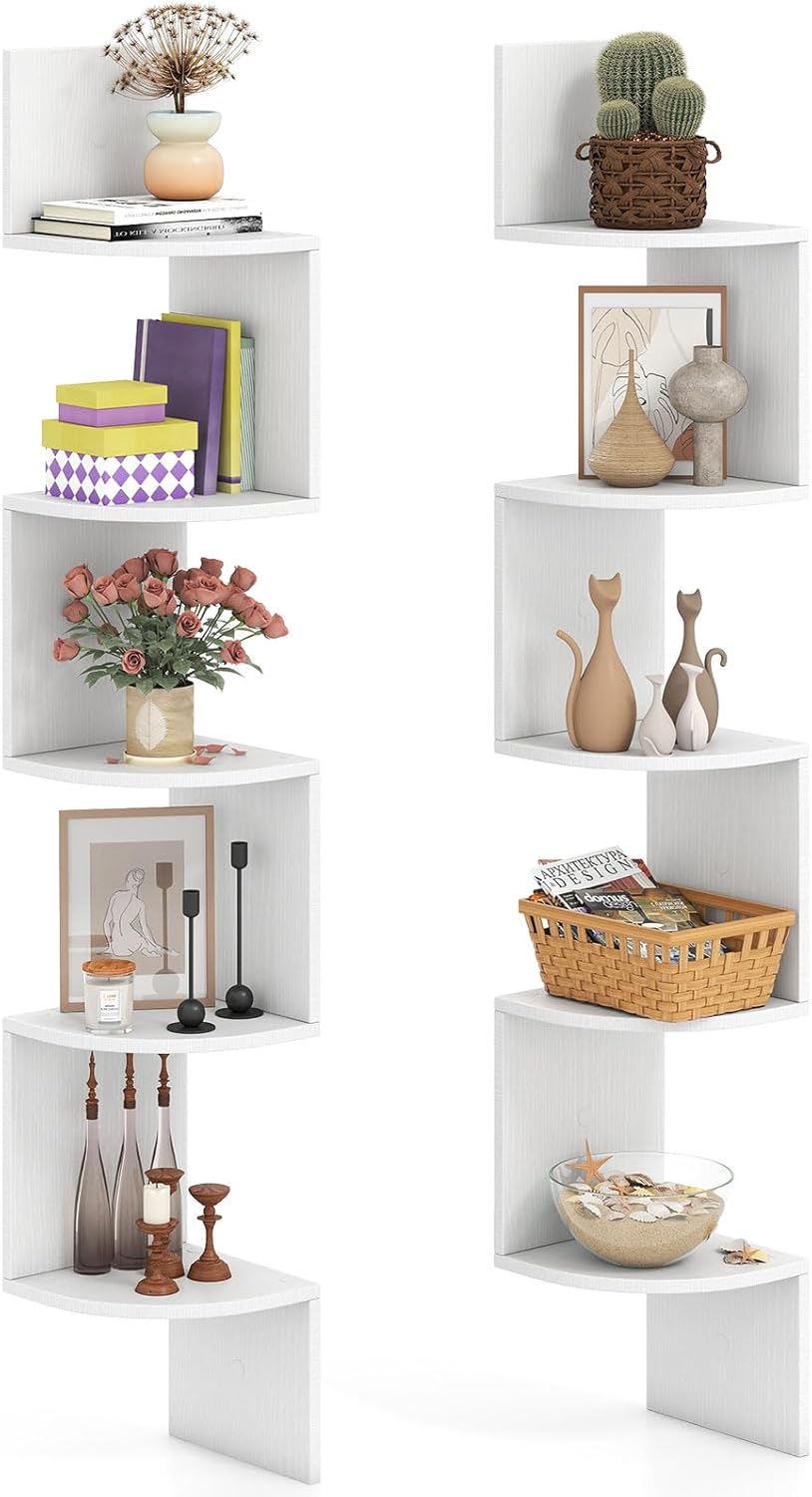 GOFLAME Corner Shelf Wall Mounted Set of 2, 5-Tier Floating Corner Bookshelf, Wood Plant Stand, Modern Floating Display Rack for Living Room, Bedroom, Study, Home Office, White