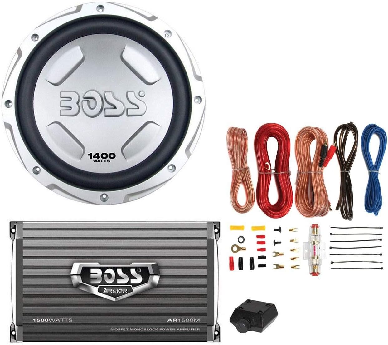Boss Chaos CX122 12-Inch 1400W Car Subwoofer and Boss Audio AR1500M 1500W Amplifier & Remote and AKS8 8 Gauge Amplifier Installation Wiring Kit