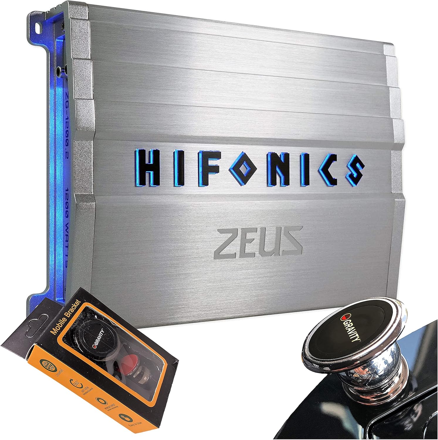 Hifonics ZG-1200.2 Zeus Gamma 2 Channel Super A/B Class 1200 Watt Car Audio Sound System Subwoofer Speaker Amp Amplifier with Gravity Magnet Phone Holder Bundle