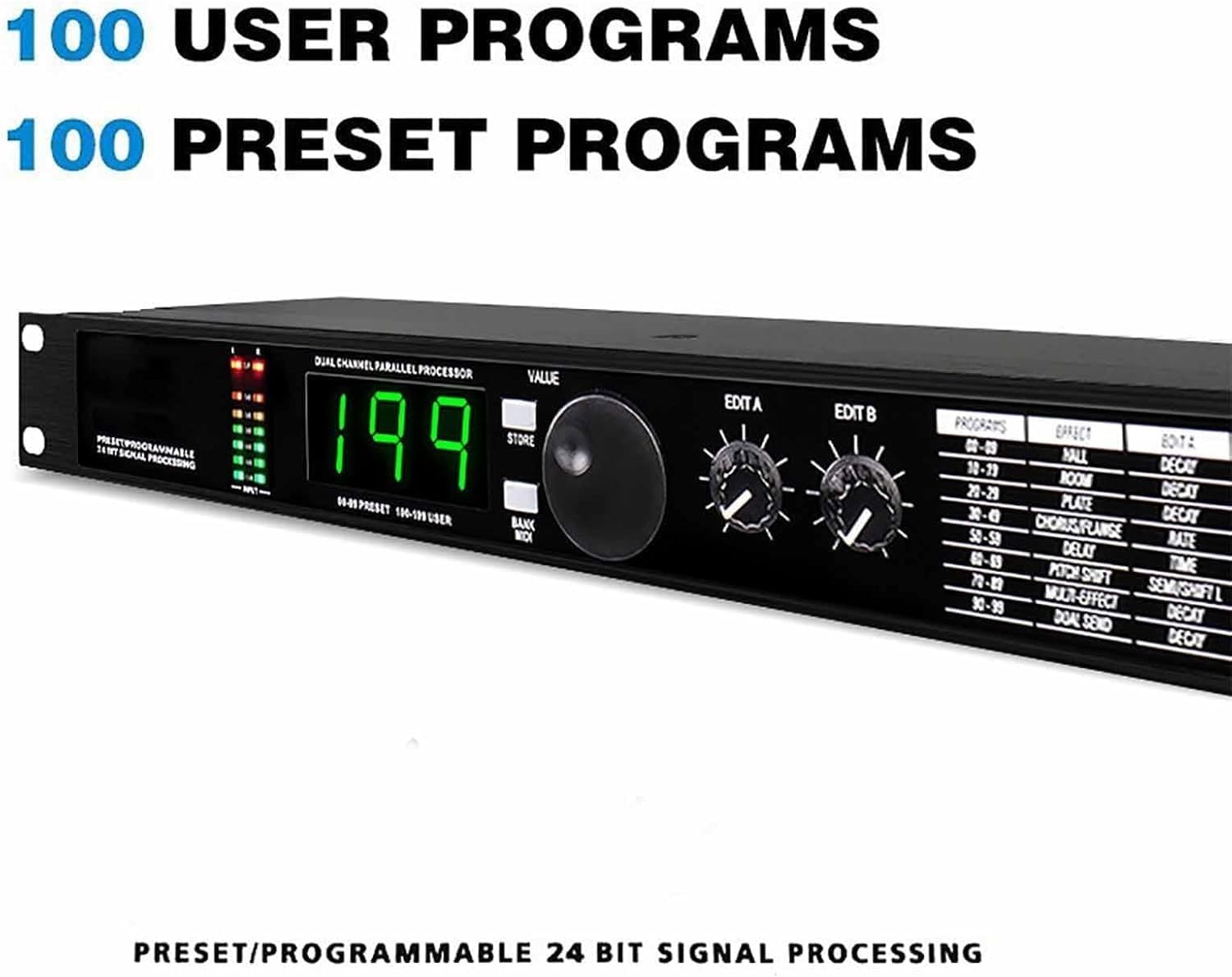 Digital Reverb Multi Effect DSP Processor, Professional Audio Processor Equalizer, Preset/Programmable 24 Bit Signal Processing, 99 Preset Programs, for Studio, Stage Performance.