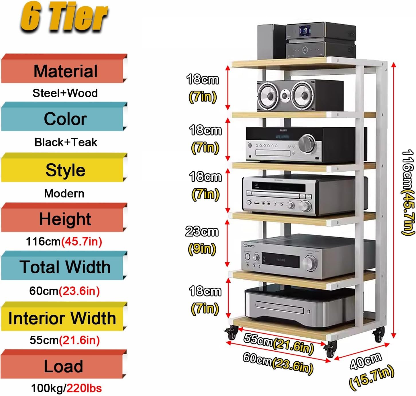 Corner Stereo Stands for Living Room, 6-Tier Media Stand for Home Theater/Bedroom/Office, Mobile Wooden Stereo Cabinet Audio Rack, for Amplifiers/Players/TV Accessories,6 Layer/No Drawers #C