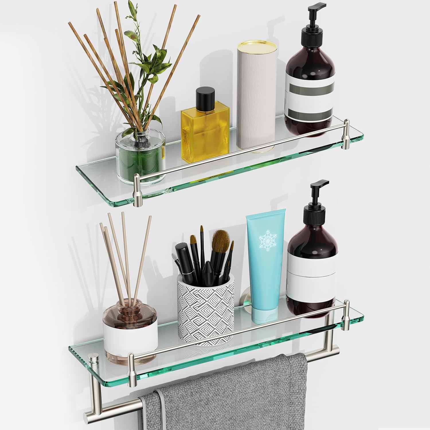 Glass Shelf for Bathroom 2 Pack,16-Inches Floating Glass Shelves Towel Bar/Track(Brushed Nickel)