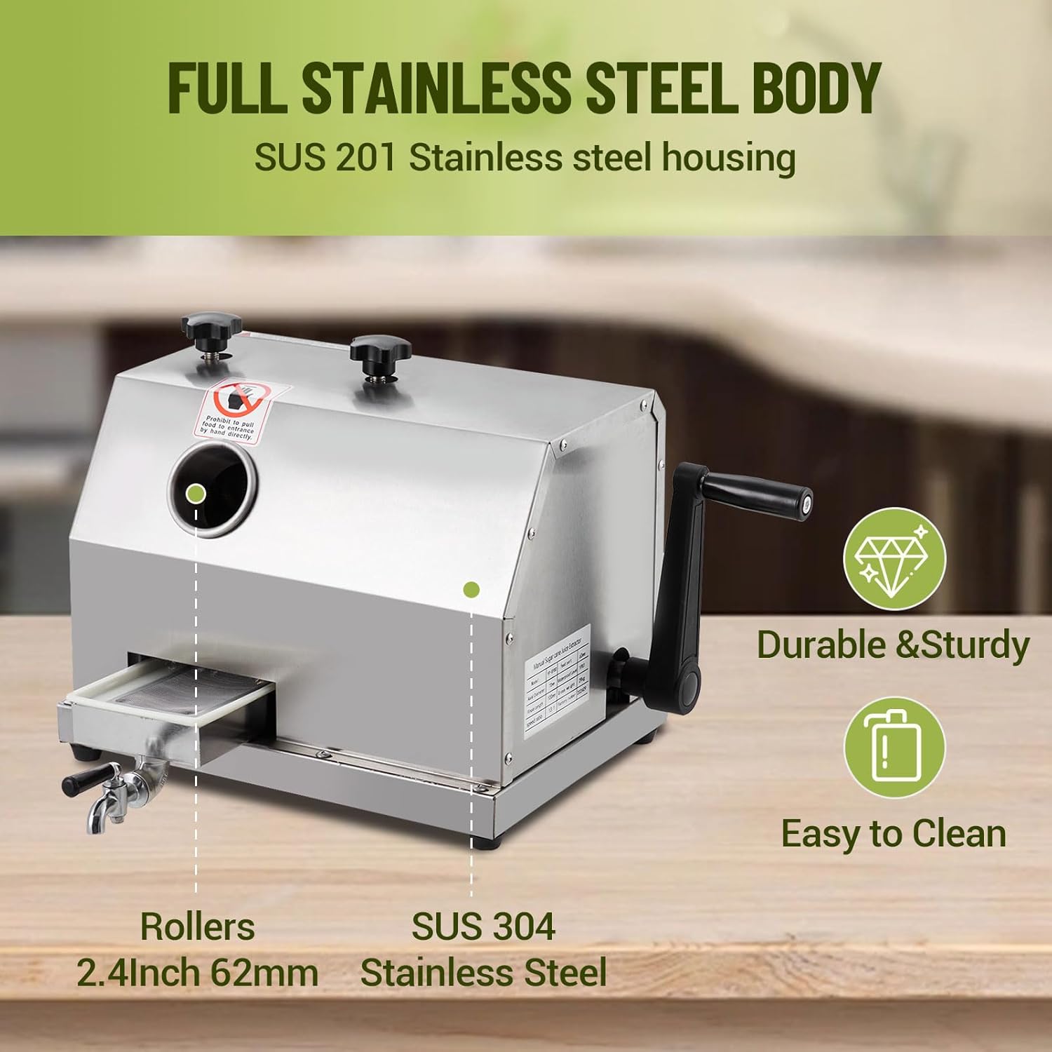 Manual Sugar Cane Juicer, Commercial Sugar Cane Press with Stainless Steel 3 Rollers, 2.4 in Large Inlet, Sugarcane Juicer Machine with 110 LBS/H High Output, Sugarcane Juicer for Commercia