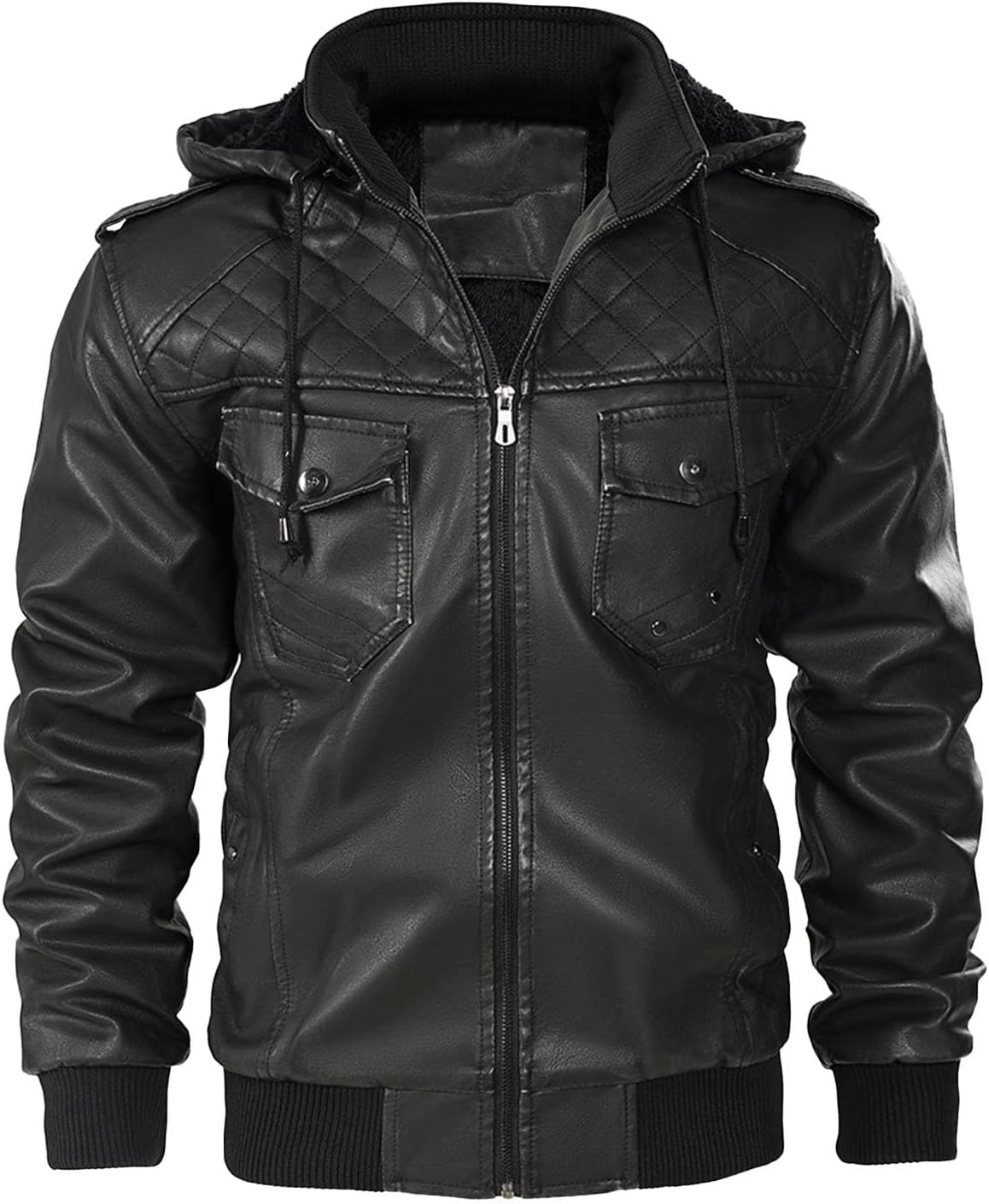Men's Casual Faux Leather Motorcycle Bomber Jacket with Hood,Stand Collar and Zip-Up Design Vintage Biker Racing Coat