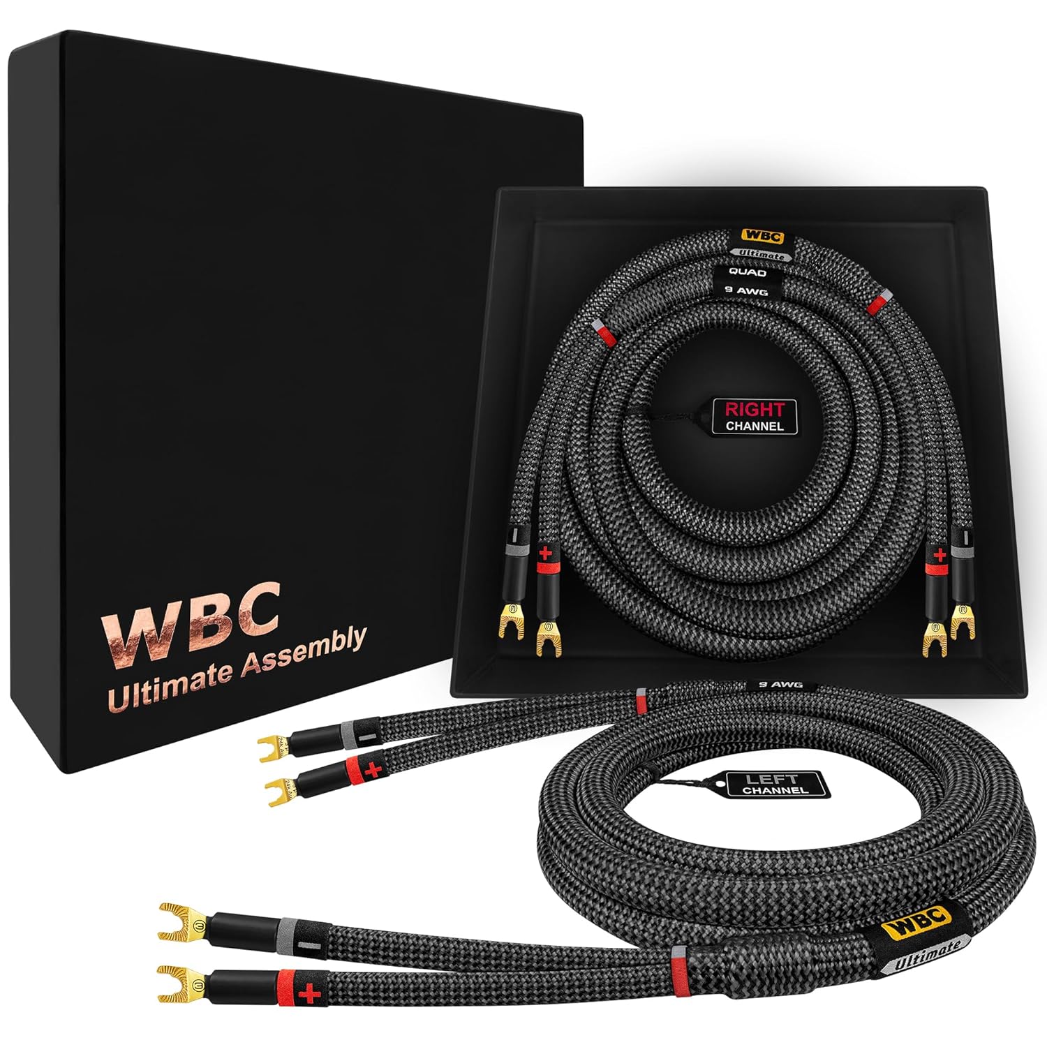 WORLDS BEST CABLES 8 Foot Ultimate - 9 AWG - Ultra-Pure OFC - Premium Audiophile HiFi Speaker Cable Pair with Eminence Spade Plugs & Carbon Tweed Jacket