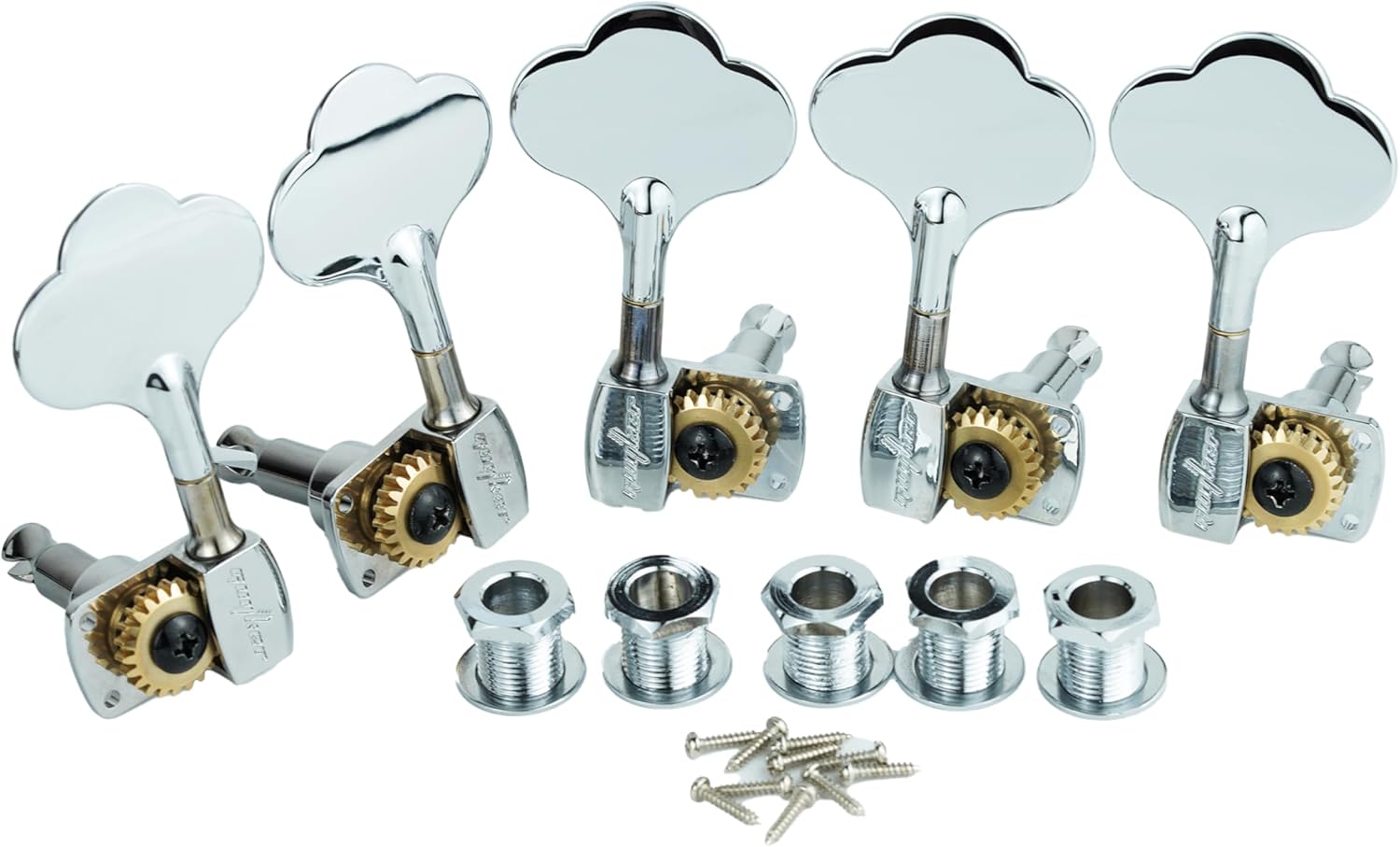 Guyker Bass Tuners (3R + 2L) - 1:22 Ratio Gear Open Frame Bass Drop Locking Machine Head Tuning Key Pegs Replacement for Electric Jazz Guitar Bass or Precision Instruments, BB100 Chrome