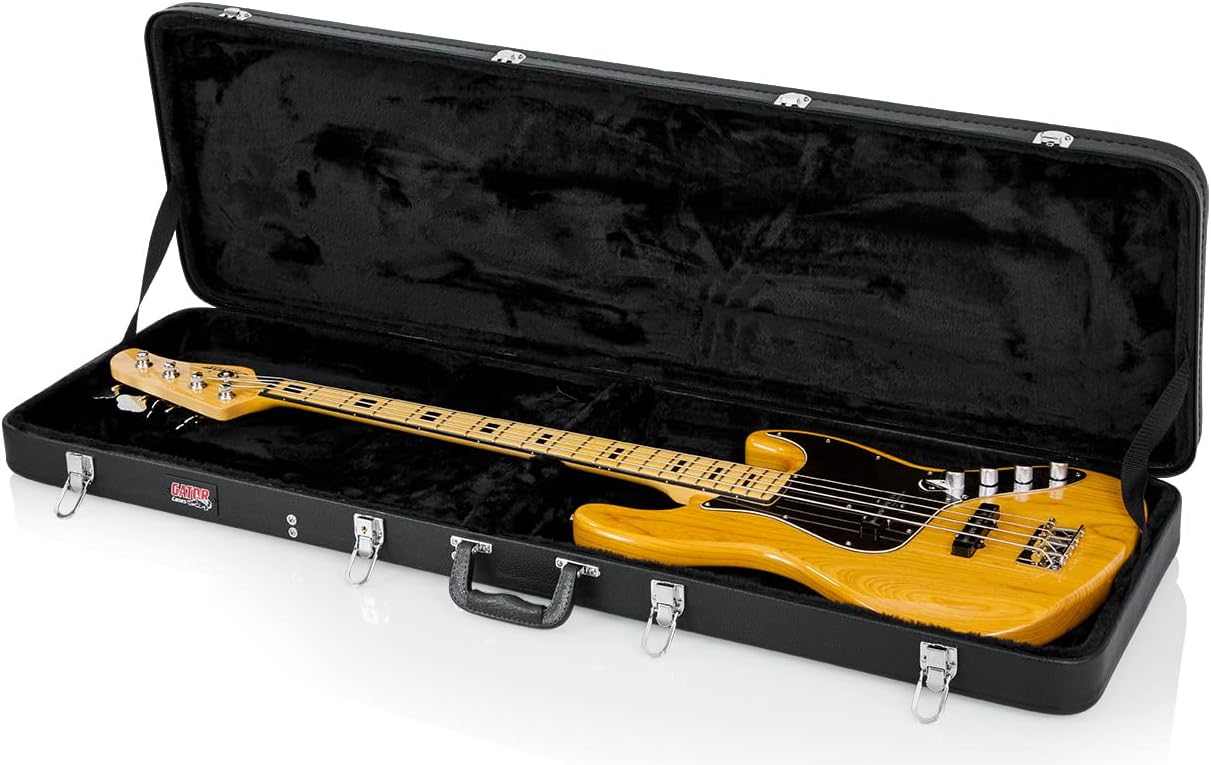 Gator GWE-BASS Wood Case for Precision/Jazz Bass Style Bass Guitars Bundle with Strap, Cable, and Austin Bazaar Polishing Cloth