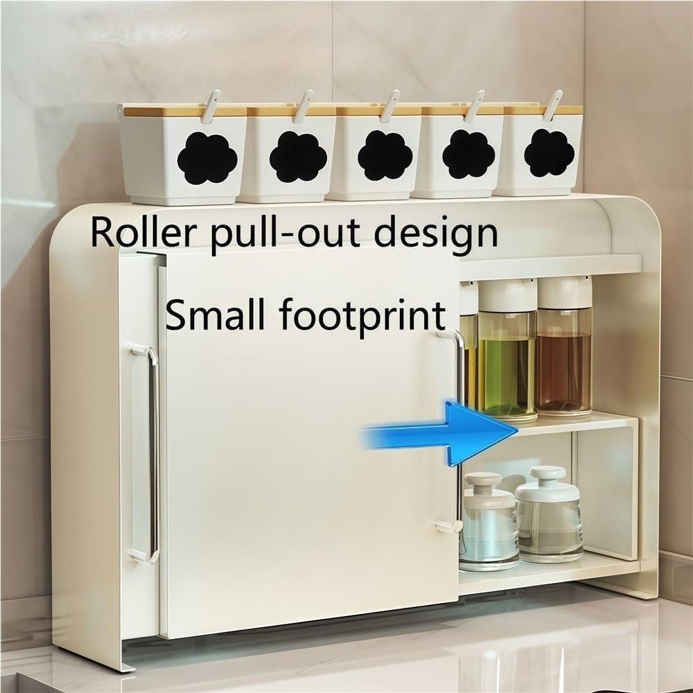 Cup Storage Cabinet, Kitchen Spice Rack with Sliding Door, 2 Tier Storage Rack Organizer for Dining Rooms, Tea Corners, Living Rooms or Offices