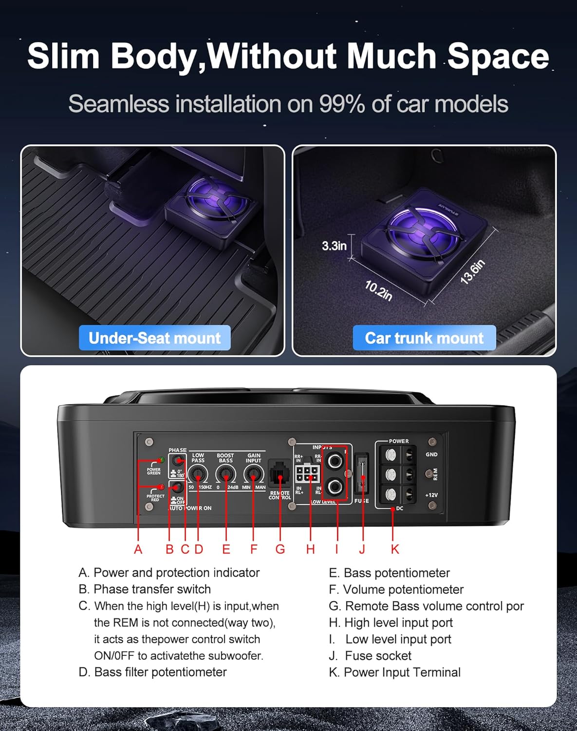 800W Slim Under Seat Powered Car Subwoofer Kit with Colorful LED Light,High/Low Level Input, Built-In Amplifier, And Car/Truck Audio System for Ultimate Sound Performance – Subwoofer and Amp Package