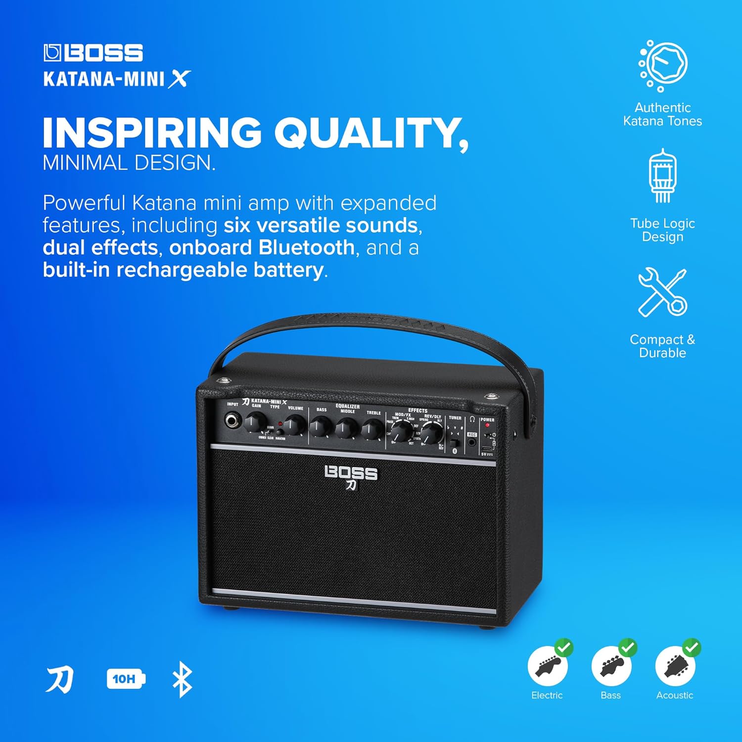 BOSS Katana-Mini X | Powerful 10-Watt Mini Amplifier for Electric, Acoustic & Bass | Tube Logic Design | Custom 5” Speaker | Versatile Sounds & Dual Effects | Bluetooth | Built-in Rechargeable Battery